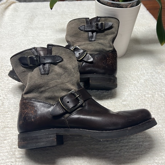 Frye Veronica Leather Canvas Shortie Boots- Womens- Size 7 B- Brown- Ankle Boot - Picture 4 of 13